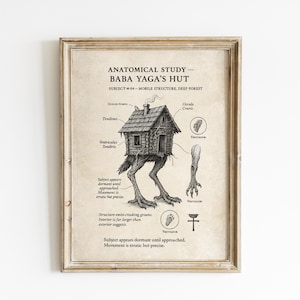 Baba Jagas Hütte Kunstdruck – Slawische Folklore Illustration auf gealtertem Papier – Gothic Okkultes Wanddekor (A4)