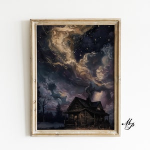 Cabaña misteriosa iluminada por la luna en el bosque / Estética macabra / Arte académico oscuro / Decoración gótica victoriana - Academia oscura - Arte gótico - Arte oculto