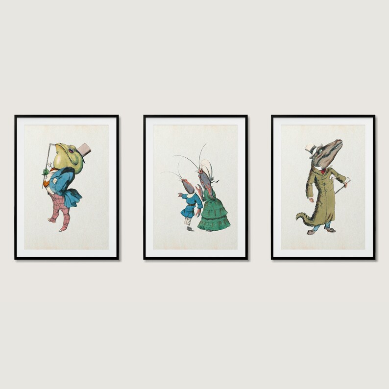 May include: Three framed illustrations of anthropomorphic animals wearing clothing. The first illustration features a green frog wearing a blue jacket and pink pants. The second illustration features a crayfish wearing a blue jacket and a green dress. The third illustration features an alligator wearing a green coat and a top hat.