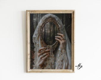 Gespiegelte Reverie, viktorianische Kunst Poster Druck stimmungsvolle Malerei, Vintage Frau Druck, viktorianisches Dekor Wandkunst, dunkle stimmungsvolle antike Kunstdruck