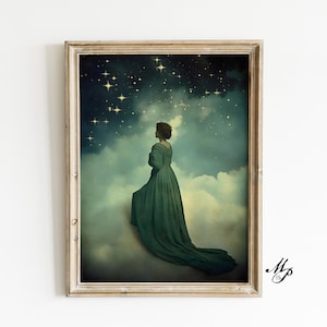 Dark Academia Print - Vintage Celestial Wandkunst, stimmungsvolles Ölgemälde Print, Dark Academia Decor, Witchy Aesthetic, Mond und Sterne Wanddekor
