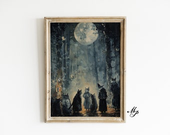 Dark Forest Cat Sabbath Antique Oil Painting (Digital Download)