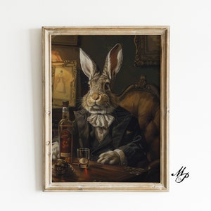 May include: A painting of a rabbit wearing a suit and tie, sitting in a chair with a glass of whisky and a bottle of whisky on a table. The rabbit is looking directly at the viewer.