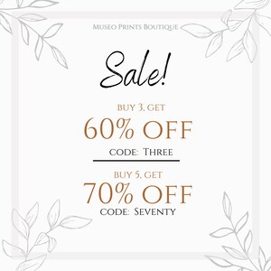 May include: A white sale announcement with black text and brown text that reads "Sale!" "BUY 3, GET 60% OFF CODE: THREE" and "BUY 5, GET 70% OFF CODE: SEVENTY". The background has a white floral design.