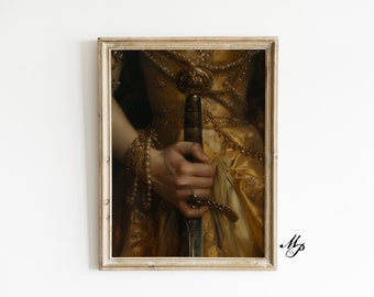 Victorian Woman with Sword Art Print, Dark Moody Antique Painting (Digital Download)