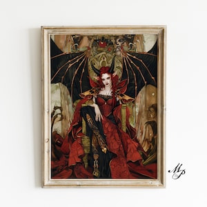 Lilith Sitting Throne Devil Print, Demon Vintage Dark Art, Occult Poster, Gothic Female Demon, Witchcraft, Witch Print, Wiccan Art