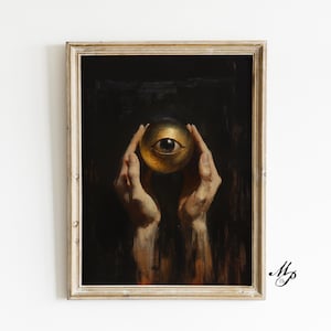 Hands Of Prophecy - cosmic horror painting, eldritch priestess, dark fantasy wall art, lovecraftian decor, mystical woman artwork