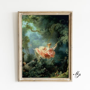 May include: A painting depicting a woman in a pink dress swinging on a rope swing in a verdant forest. The woman is wearing a straw hat and has her hair tied back. The forest is filled with trees and flowers.