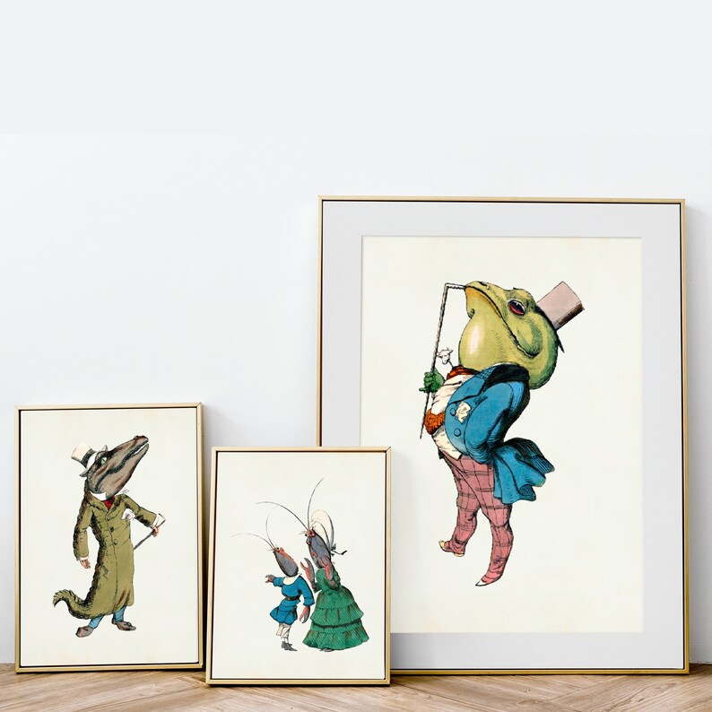 May include: Three framed illustrations of anthropomorphic animals. The first illustration shows a green frog wearing a blue jacket and a top hat. The second illustration shows a brown lizard wearing a green jacket and a top hat. The third illustration shows two insects wearing dresses and hats.