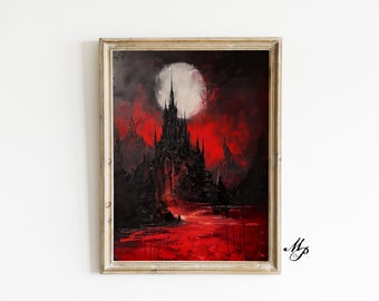 May include: A painting of a dark castle with a white moon in the background. The castle is surrounded by a red river and the sky is a dark red color.