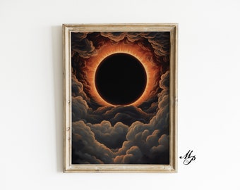 May include: A framed print of a dark, circular sun with a bright orange halo, surrounded by dark clouds. The sun is partially obscured by the clouds, creating a dramatic effect.