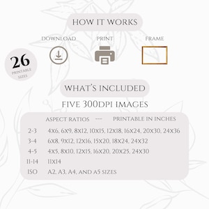 May include: A graphic showing 26 printable sizes for five 300 DPI images. The aspect ratios are 2-3, 3-4, 4-5, 11-14, and ISO. The printable sizes in inches are listed for each aspect ratio. The ISO sizes are A2, A3, A4, and A5.