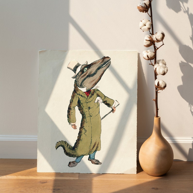 May include: A whimsical illustration of a dinosaur wearing a top hat and a green coat, holding a cane. The dinosaur is depicted in a vintage style with a light background.