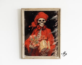 May include: A skeleton wearing a red Santa hat and robe holds two wrapped gifts with red bows and green holly. The background is dark with a snowy white tree.