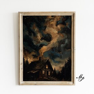 Cabaña misteriosa iluminada por la luna en el bosque / Estética macabra / Arte académico oscuro / Decoración gótica victoriana - Academia oscura - Arte gótico - Arte oculto