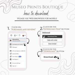 May include: A screenshot of a computer screen showing how to download digital files from Etsy. The steps are: 1. Click on "Purchases and Reviews", 2. Click on "Download Files", 3. Click on "Download".