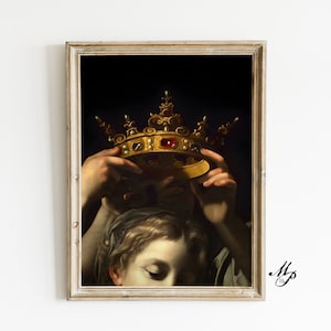 Dark Aesthetic Decor, Moody Victorian Woman Crowned Print - Baroque Wall Art, Renaissance Vintage Victorian Era Painting for Gallery Wall