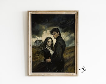 May include: A painting of a couple standing in a field. The man is wearing a dark suit and the woman is wearing a dark dress. They are looking at each other. There is a house in the background.