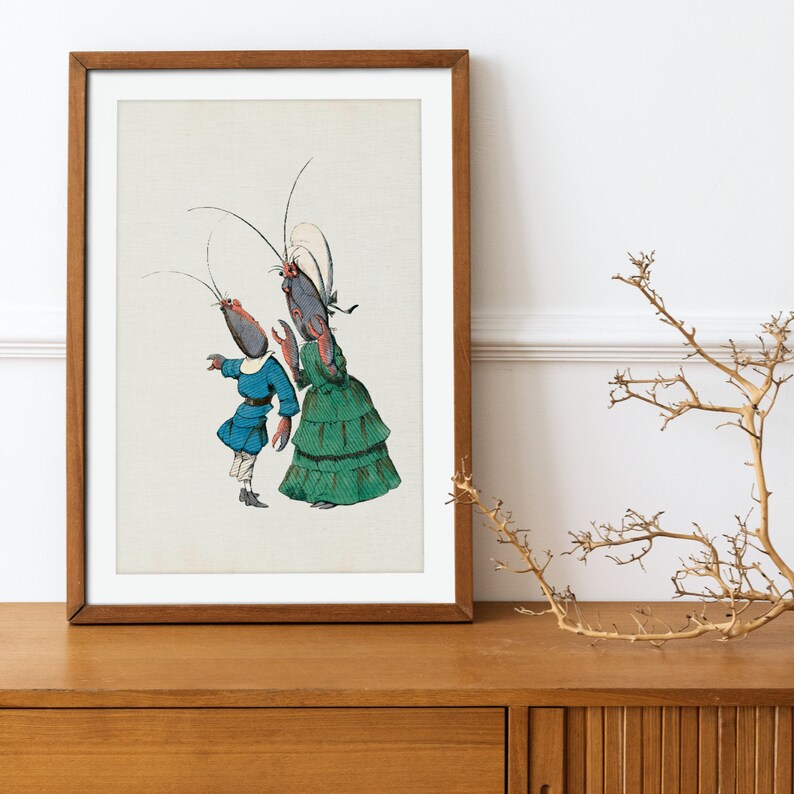 May include: A framed illustration of two anthropomorphic lobsters dressed in 19th-century clothing. The lobster on the left is wearing a blue jacket and white pants, while the lobster on the right is wearing a green dress and a white bonnet.