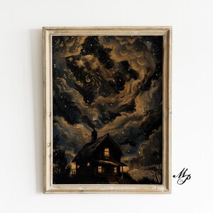 Cabaña misteriosa iluminada por la luna en el bosque / Estética macabra / Arte académico oscuro / Decoración gótica victoriana - Academia oscura - Arte gótico - Arte oculto