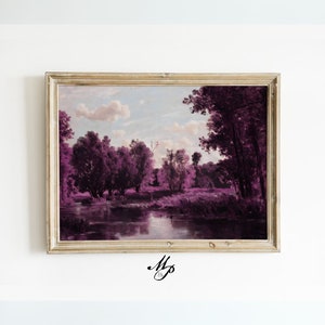 May include: A framed painting of a landscape with a river, trees, and a cloudy sky. The colors are muted and the overall tone is peaceful.