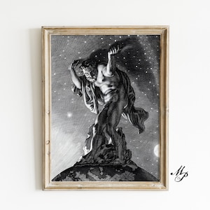 Atlas Holding Sky Print - Greek Mythology Wall Decor - Vintage Engraving Giclée Art - Ancient Greece Titan God Poster - Dark Academia Home