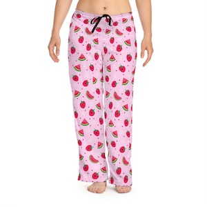 Pantalones de pijama de mujer con fresas y sandías Kawaii, pantalones rosas con iconos de frutas Kawii