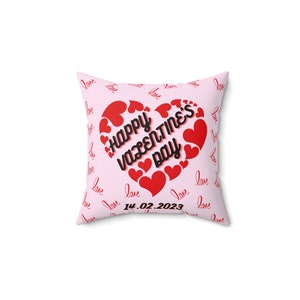 Happy Valentine &#39;Day Polyester Quadratisches Kissen, Mit Herzen, Mit Liebe, Mit Valentinstag Datum 14.02.2023, Süßes Kissen für Valentinsgrüße