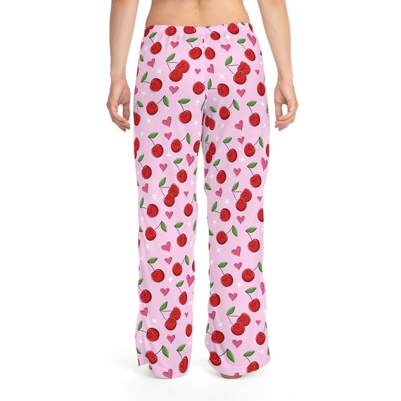 Kawaii Cherries Women's Pajama Pants, Pink With Many Cherries and Hearts  Icons 