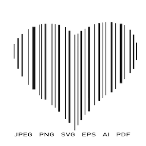 May include: A black and white graphic design of a heart shape made of vertical lines.