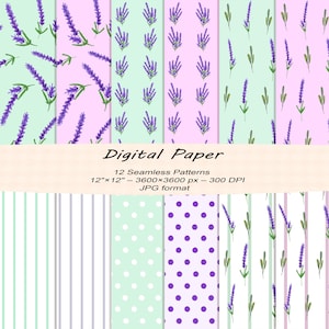 May include: Twelve digital paper patterns featuring lavender flowers, stripes, and polka dots in shades of purple, pink, green, and white. The patterns are seamless and measure 12 inches by 12 inches at 300 DPI. JPG format.