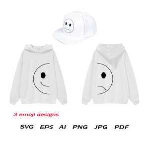 May include: White hoodie with a black smiley face design on the front and back. A white baseball cap with a black smiley face design is also included. 3 emoji designs: SVG, EPS, AI, PNG, JPG, PDF.