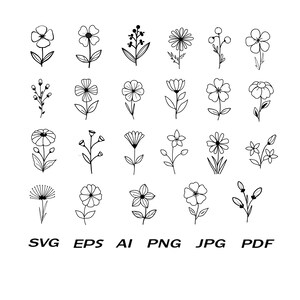 Peut inclure: Un ensemble de 24 illustrations de fleurs en noir et blanc en ligne. Les fleurs sont simples et élégantes, avec une variété de formes et de tailles. Les illustrations sont parfaites pour une utilisation dans des projets numériques ou imprimés.