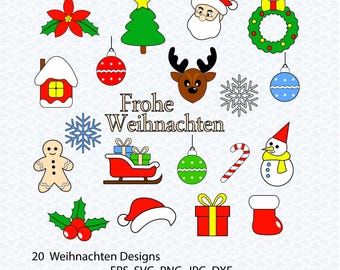 Puede incluir: Una colección de 20 diseños navideños, que incluyen una cara de Papá Noel, un árbol de Navidad, adornos, un reno, un copo de nieve, un hombre de jengibre y una caja de regalo. La frase "Frohe Weihnachten" está en el centro.