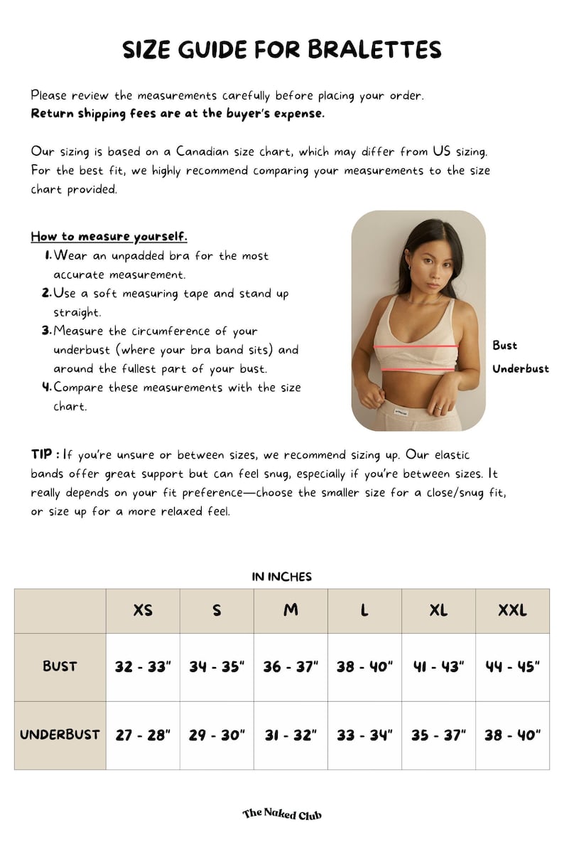 May include: Bralette size guide with bust and underbust measurements in inches. Includes a photo and instructions on how to measure. Sizes range from XS to XXL, with bust measurements from 81-84cm to 112-114cm. The Naked Club logo is at the bottom.