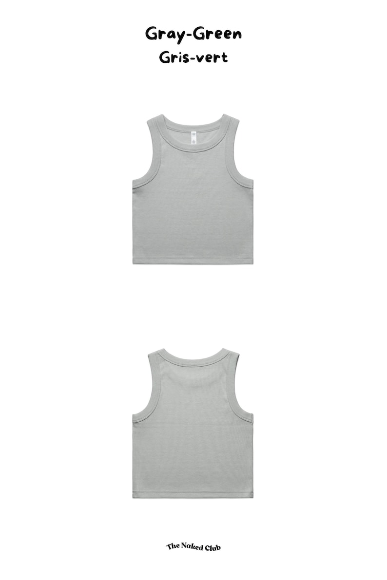 May include: Two gray-green tank tops, one front view and one back view, are displayed on a white background. The text "Gray-Green Gris-vert" is at the top. The brand name "The Naked Club" is at the bottom.