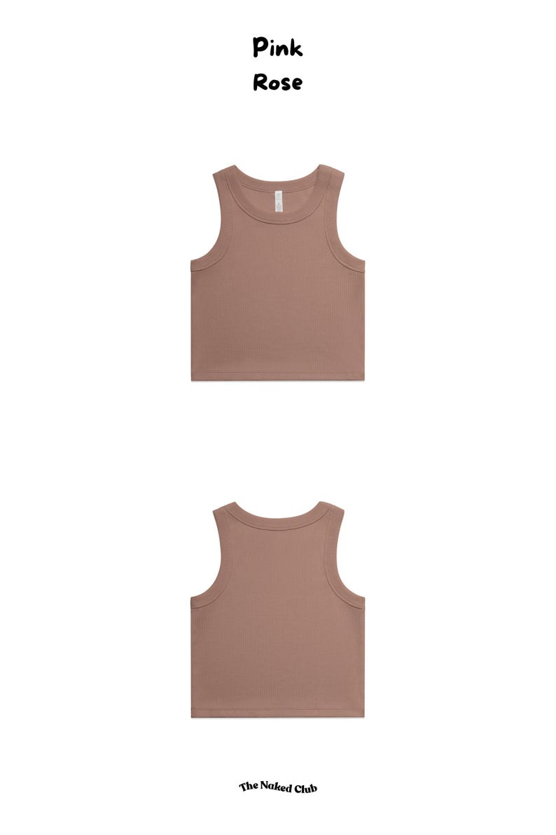 May include: Two sleeveless tank tops in a muted pink-brown color, one displayed front and the other back. The text "Pink Rose" is above the tops, and "The Naked Club" is below. The tops have a rounded neckline and a racerback design.