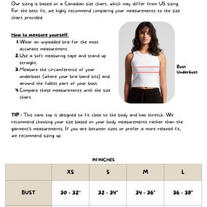 May include: Size guide for tank tops, featuring bust and underbust measurements in inches. The guide includes instructions on how to measure yourself for the best fit. Sizes range from XS to L, with bust measurements from 30-38 inches.
