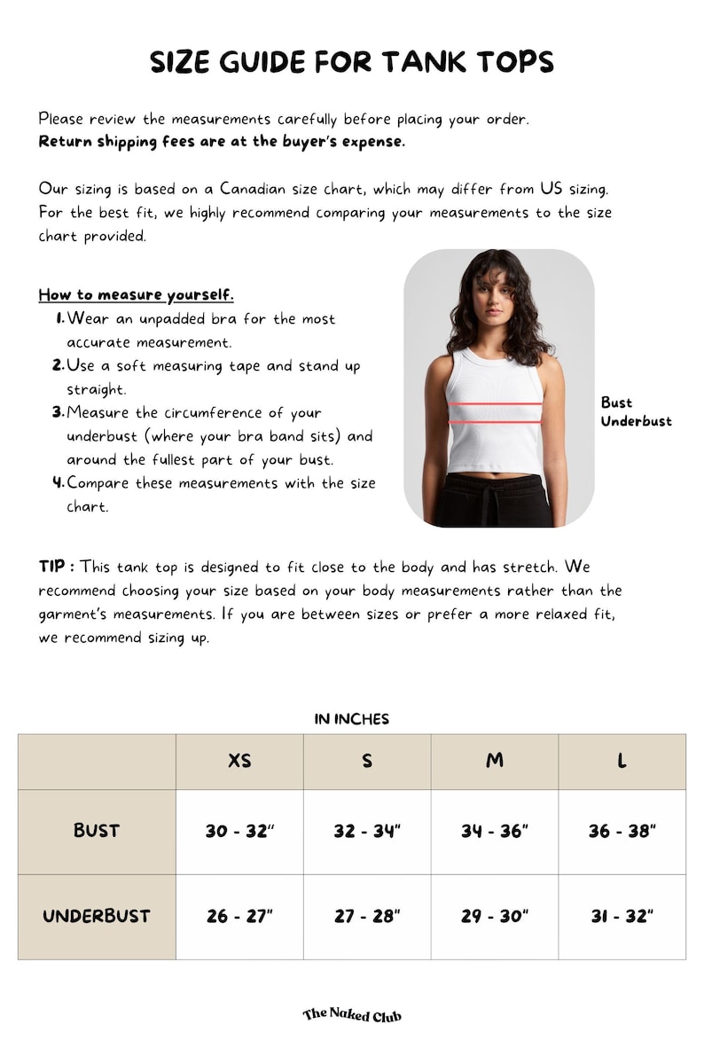 May include: Size guide for tank tops, featuring bust and underbust measurements in inches. The guide includes instructions on how to measure yourself for the best fit. Sizes range from XS to L, with bust measurements from 30-38 inches.