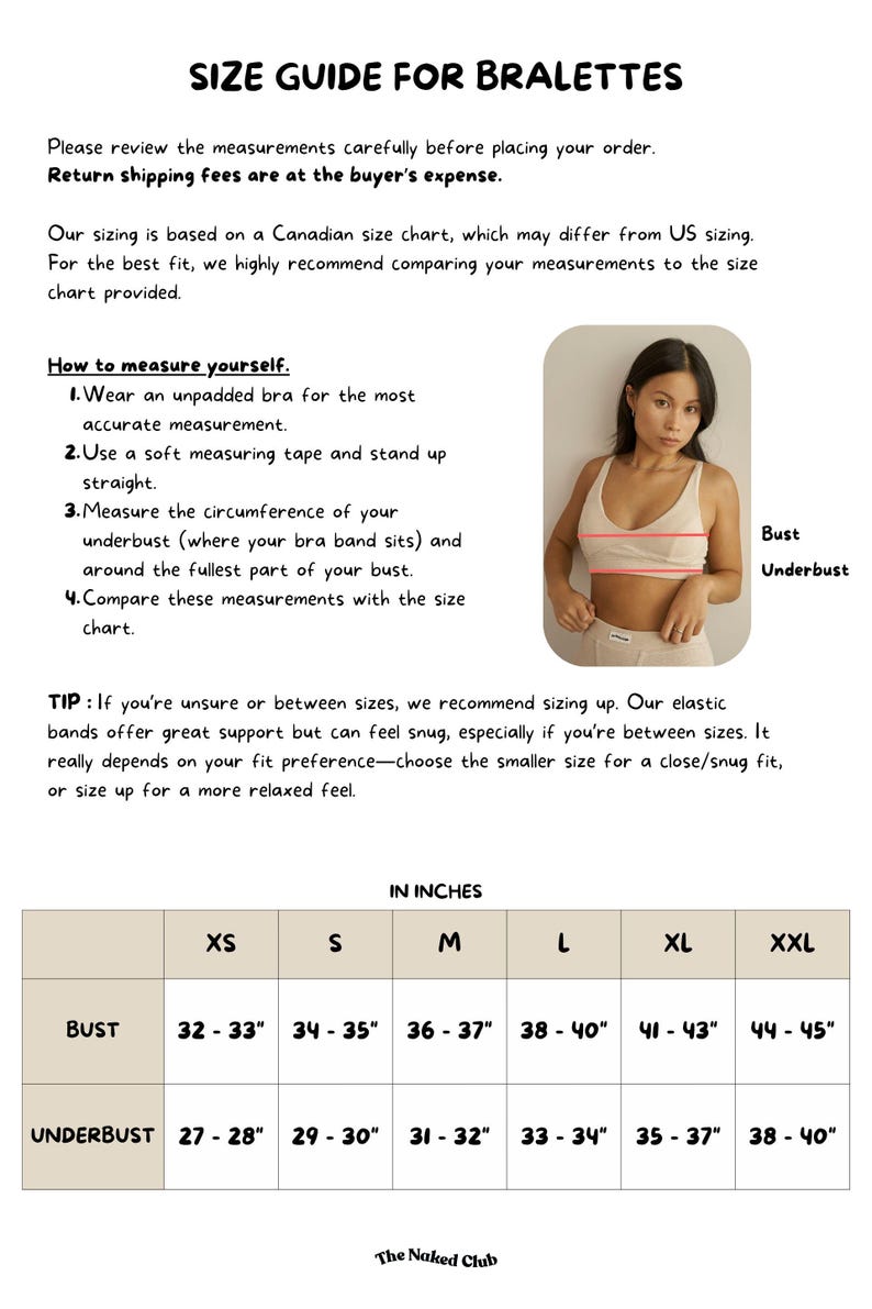 May include: Size guide for bralettes, featuring bust and underbust measurements in inches. Includes a photo of a person wearing a bralette and instructions on how to measure. Sizes range from XS to XXL, with bust measurements from 32-33" to 44-45".