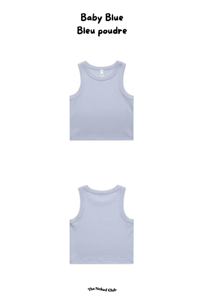 May include: Two baby blue tank tops are displayed, one front and one back view. The text "Baby Blue Bleu poudre" is at the top. The brand name "The Naked Club" is at the bottom. The tank tops are made of a soft material.