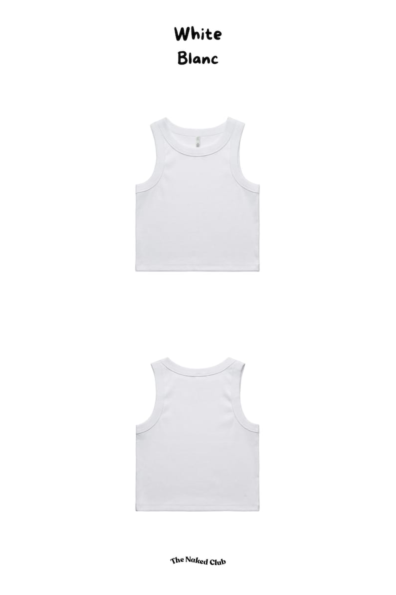 May include: Two white tank tops, one showing the front and the other the back. The text "White Blanc" is at the top, and "The Naked Club" is at the bottom. The tank tops have a classic, sleeveless design.