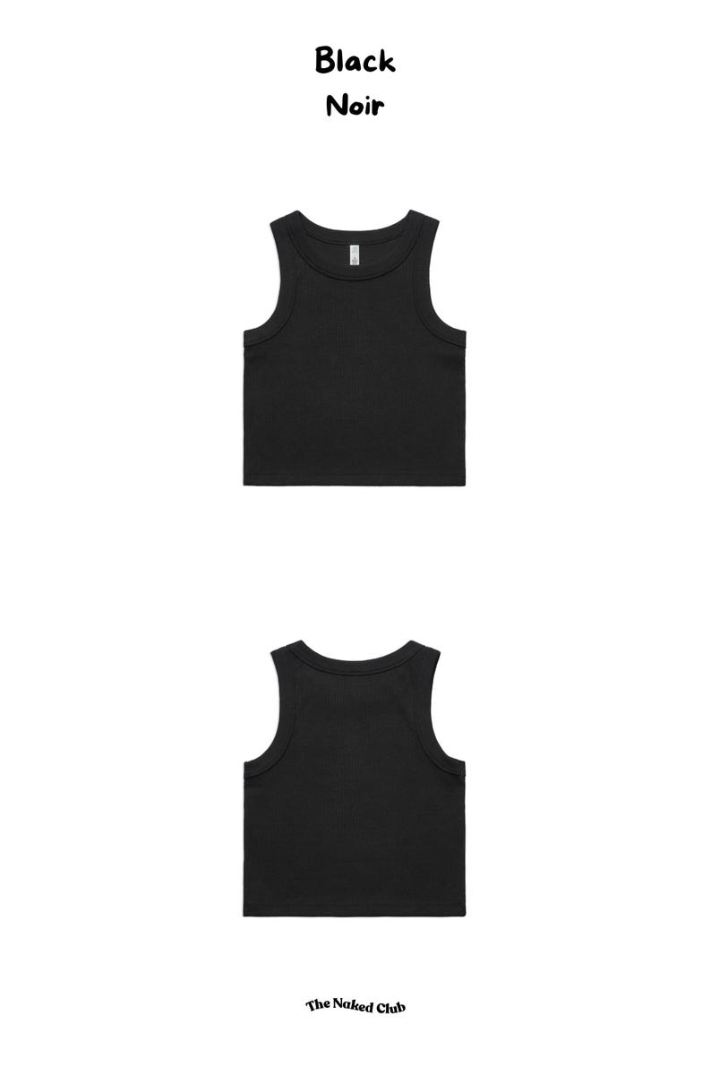 May include: Black tank top with a scoop neck and sleeveless design. The image shows the front and back of the top. The text "Black Noir" is at the top, and "The Naked Club" is at the bottom.