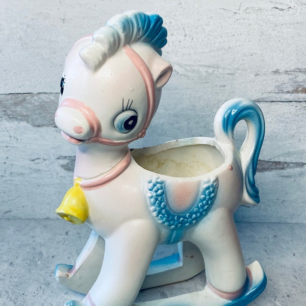 Vintage Napco Anthropomorphic Baby Rocking Horse Pony Ceramic Planter, Blue, Pink, Japan, #E2186, Kitsch, Collectible