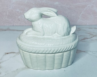 Vintage Japan Bunny on Basket Ceramic Trinket Box, Keepsake, Collectible