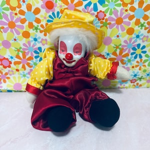 CUTE-Red & Yellow Porcelain Head Clown Doll w/Soft Body, Collectible, Keepsake