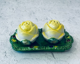 Vintage 1950&#39;s Yellow Rose Salt & Pepper Shaker Set w/Tray-Japan, Collectible, Keepsake