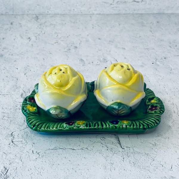 Vintage 1950's Yellow Rose Salt & Pepper Shaker Set w/Tray-Japan, Collectible, Keepsake