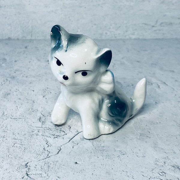 Vintage Japan Kitten Cat With Blue Bow Figurine, Porcelain, Ceramic, Collectible, Keepsake