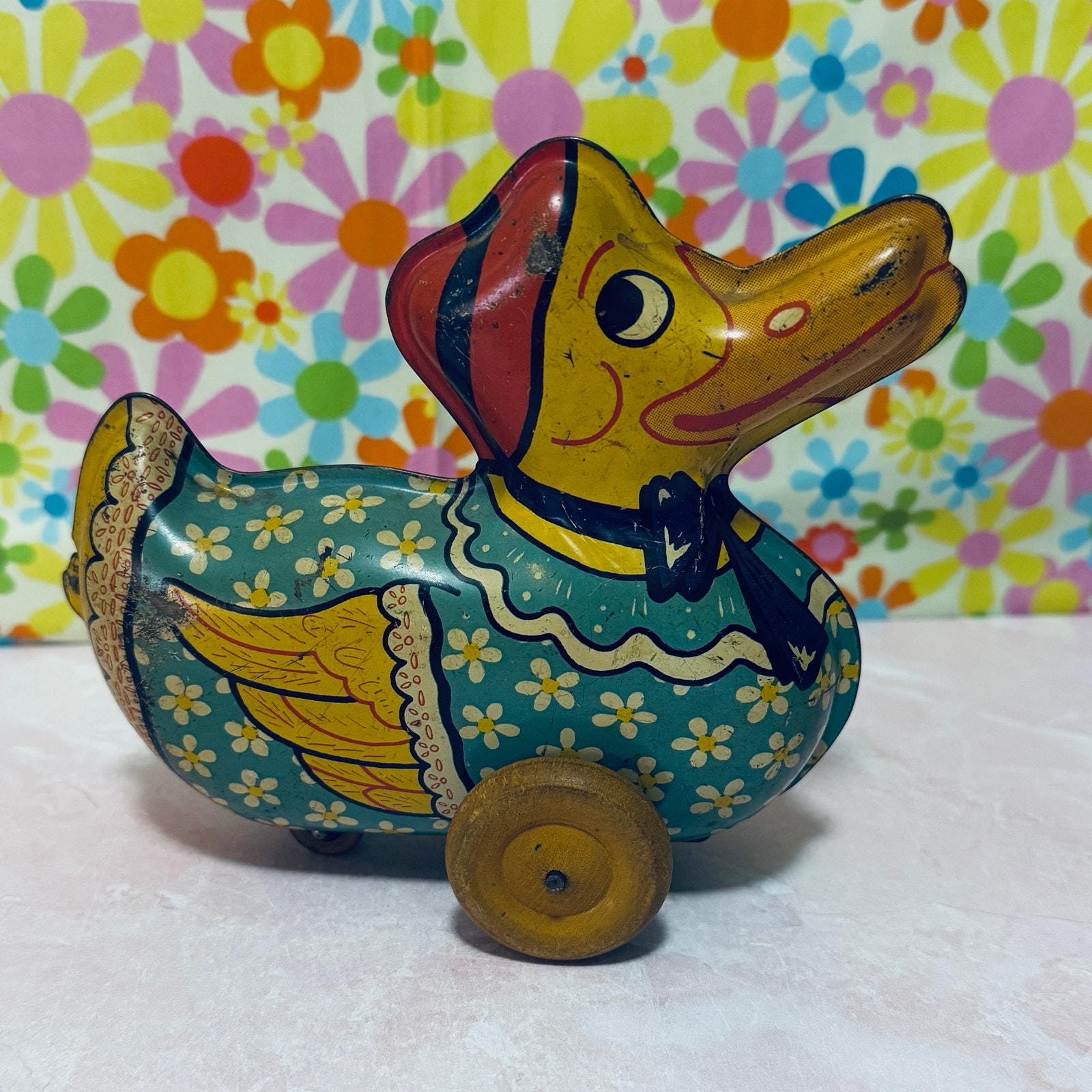 Vintage 30's-40's Wyandotte Toys Tin Litho Dressed Duck Pull Toy-Easter, Keepsake, Collectible